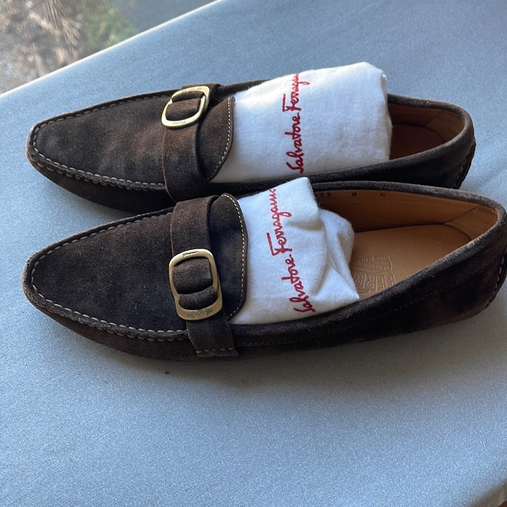 Ferragamo brown suede, driving moccasins with gold buckle
